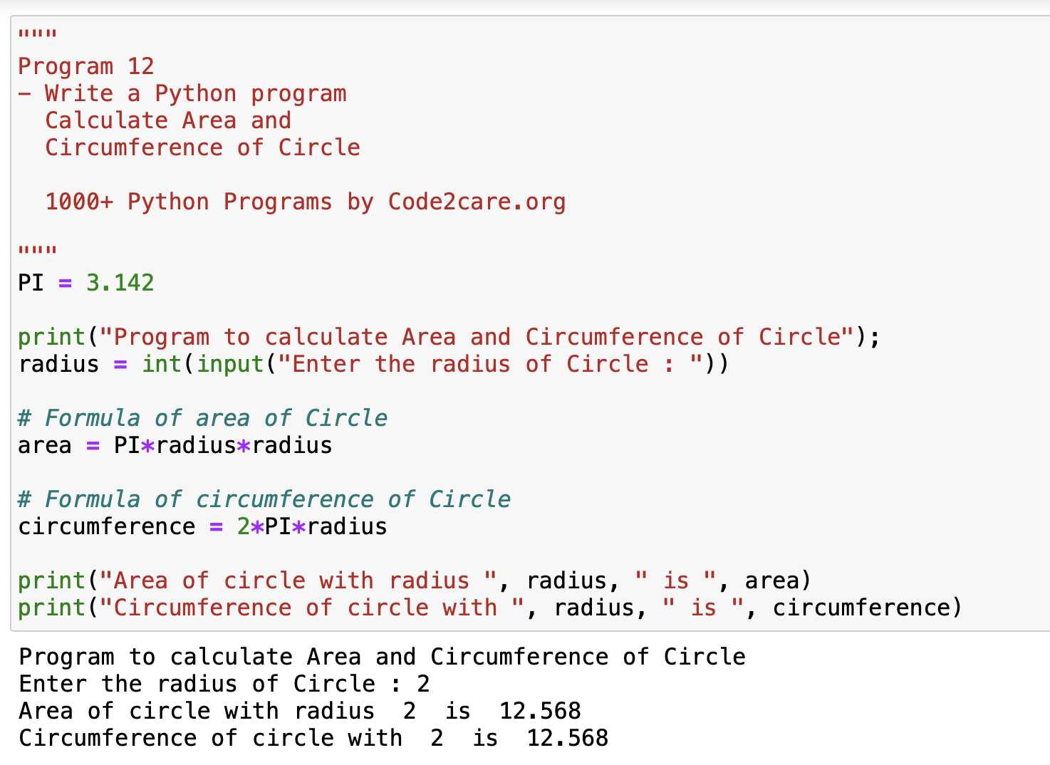 Code Example area and circumference of Circle in Python